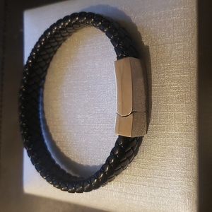 Men's Stainless Steel and Black Leather Bracelet Length 8 1/2" NWT